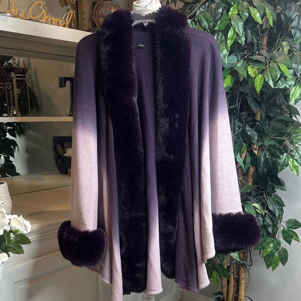 🆕NWOT Plum Ombre Faux-Fur Trim Open Front Cardigan, OS